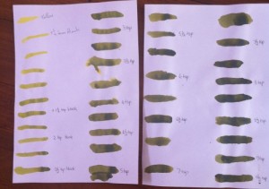 Chart showing dyes painted onto white paper starting with yellow MX8G and adding black MX2RA in one quarter tsp amounts.